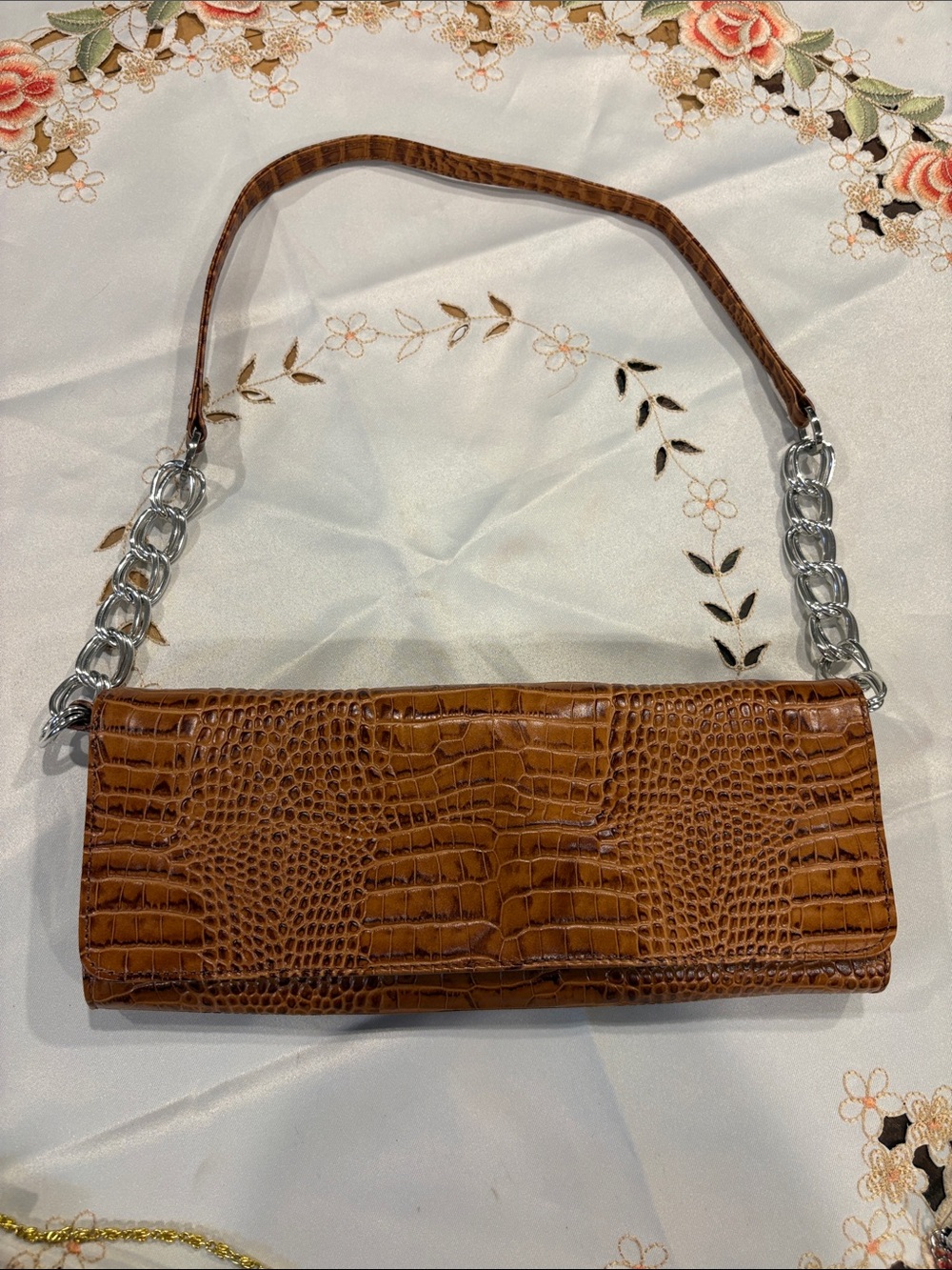 Soprano Brown Croc-Embossed Clutch with Silver Chain Strap